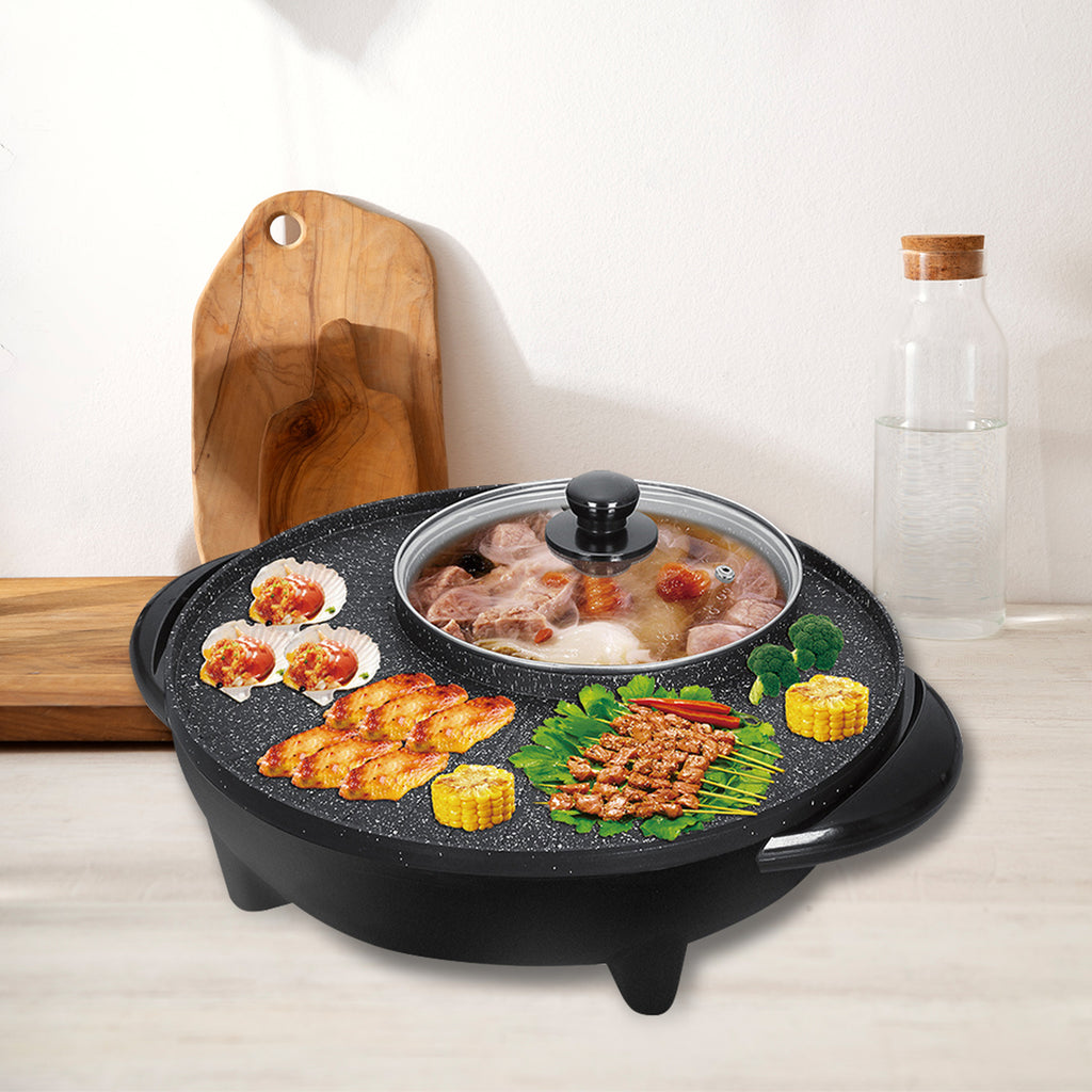 SOGA 2X 2 in 1 Electric Stone Coated Teppanyaki Grill Plate Steamboat Hotpot 3-5 Person