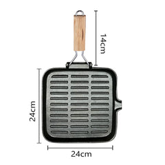 SOGA 28cm Ribbed Cast Iron Square Steak Frying Grill Skillet Pan with Folding Wooden Handle