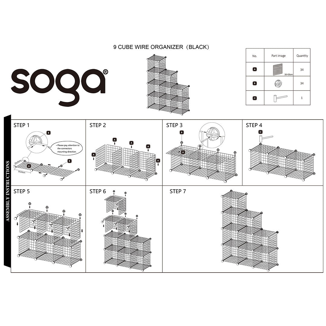SOGA 2X Black Portable 9-Cube 3 Column Storage Organiser Foldable DIY Modular Grid Space Saving Shelf