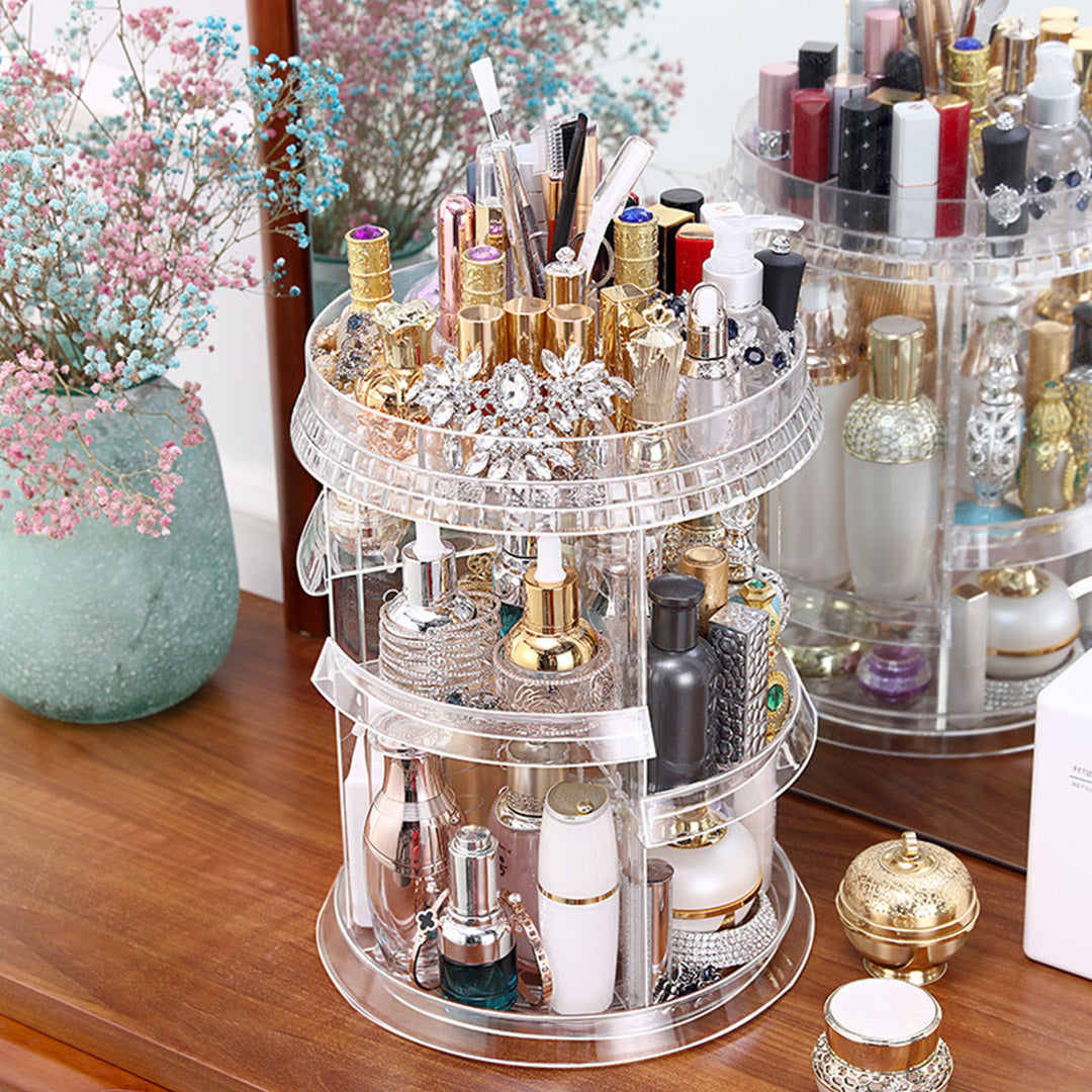 SOGA 360 Degree Rotating Makeup Organiser Cosmetics Holder with 20cm White Rechargeable LED Light  Tabletop Vanity Mirror Set