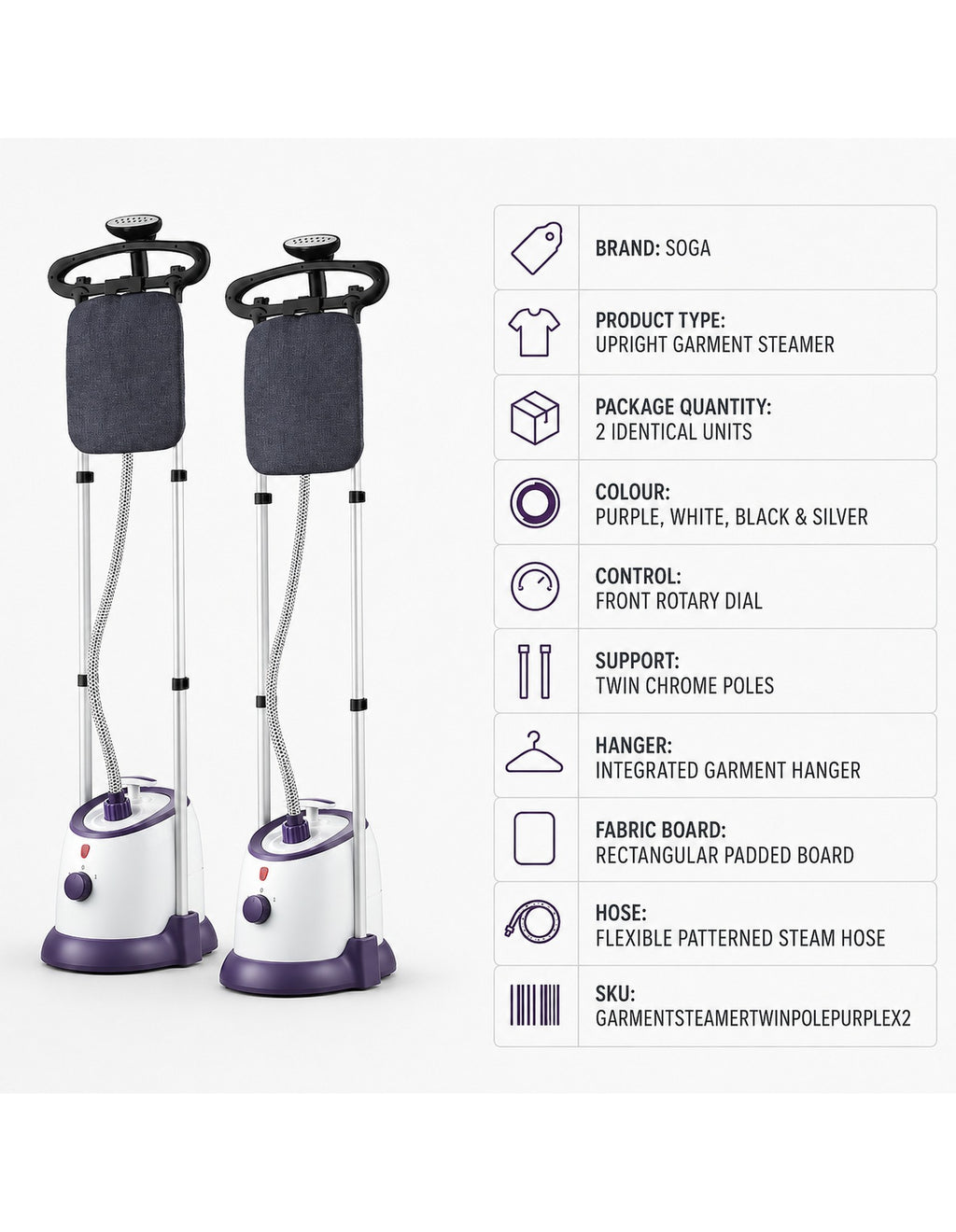 SOGA 2X Garment Steamer Vertical Twin Pole Clothes 1700ml 1800w Professional