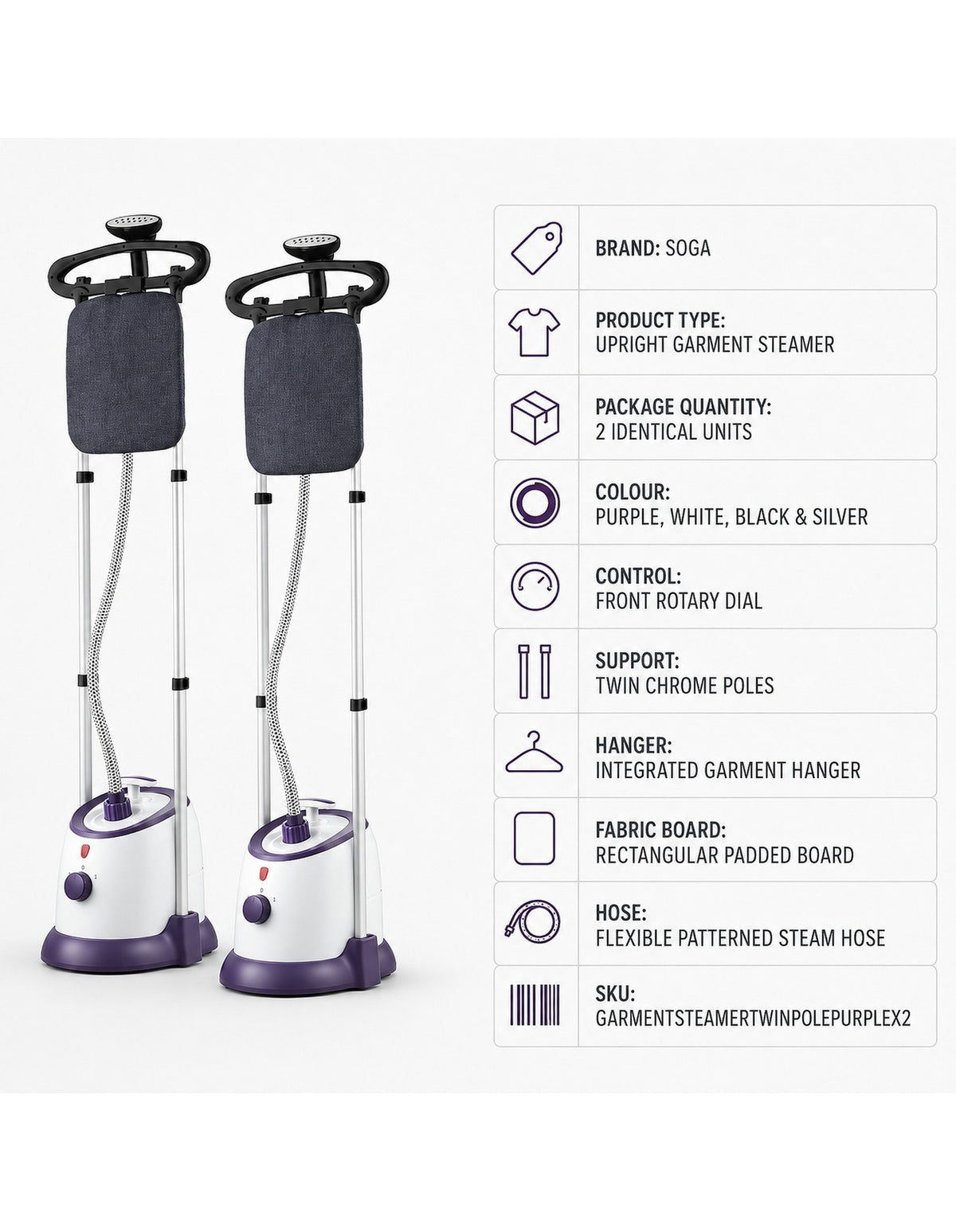 SOGA 2X Garment Steamer Vertical Twin Pole Clothes 1700ml 1800w Professional