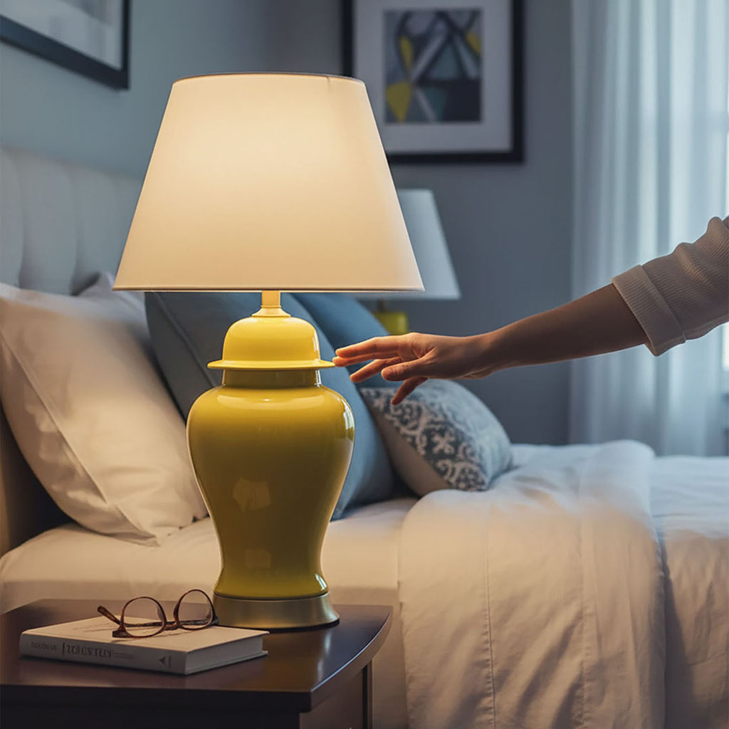 SOGA Oval Ceramic Table Lamp with Gold Metal Base Desk Lamp Yellow