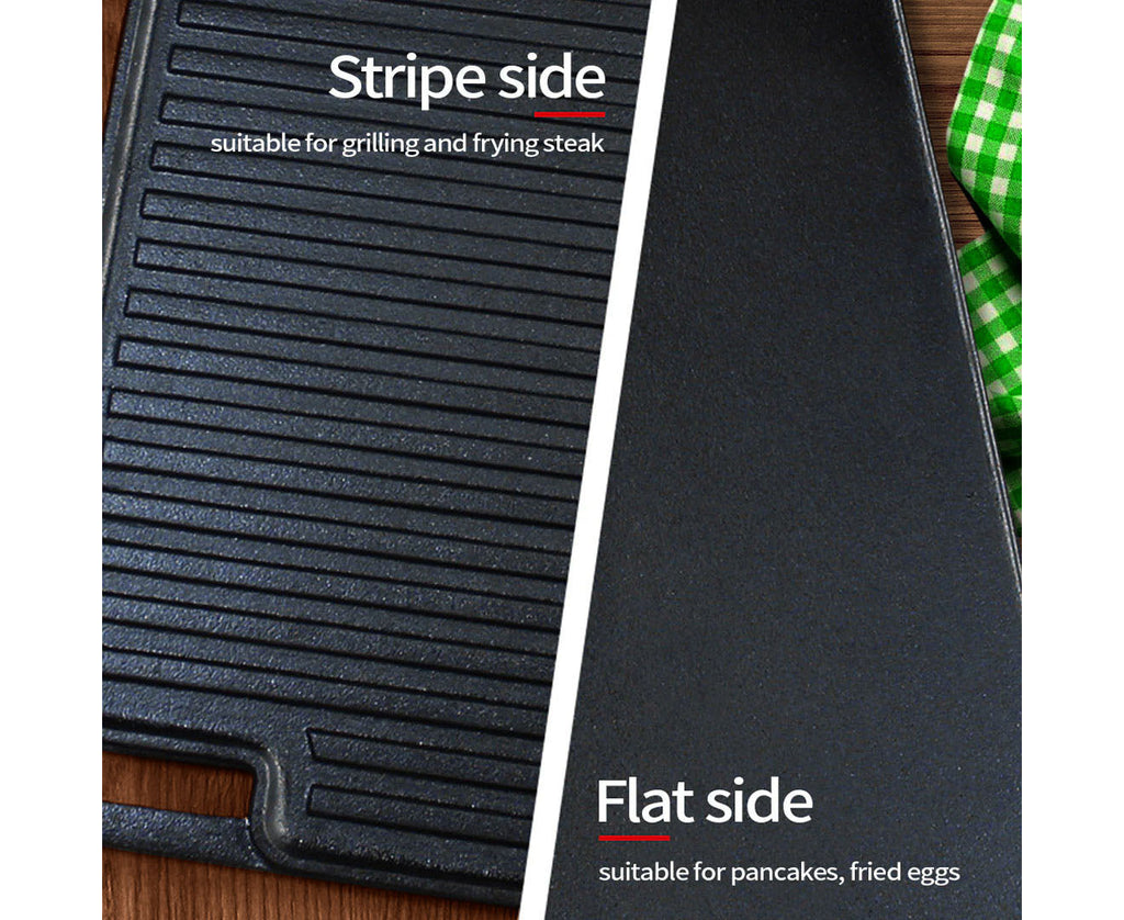 SOGA 45cm Rectangular Cast Iron Portable Fry BBQ Grill Plate Cooking Pan Tray with Handle