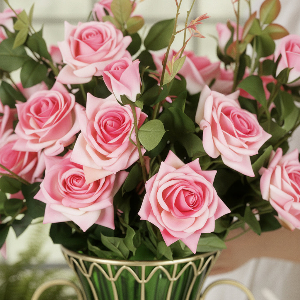 SOGA 51cm Green Glass Tall Floor Vase with 12pcs Pink Artificial Fake Flower Set