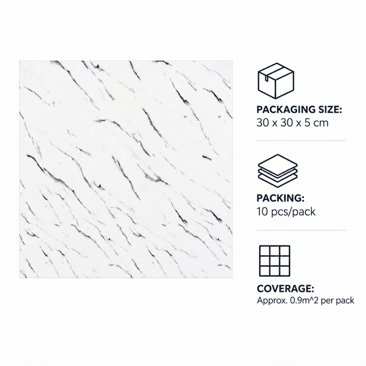 SOGA Peel & Stick Floor and Wall Tiles 30 x 30cm 10 Pack White Faux Marble