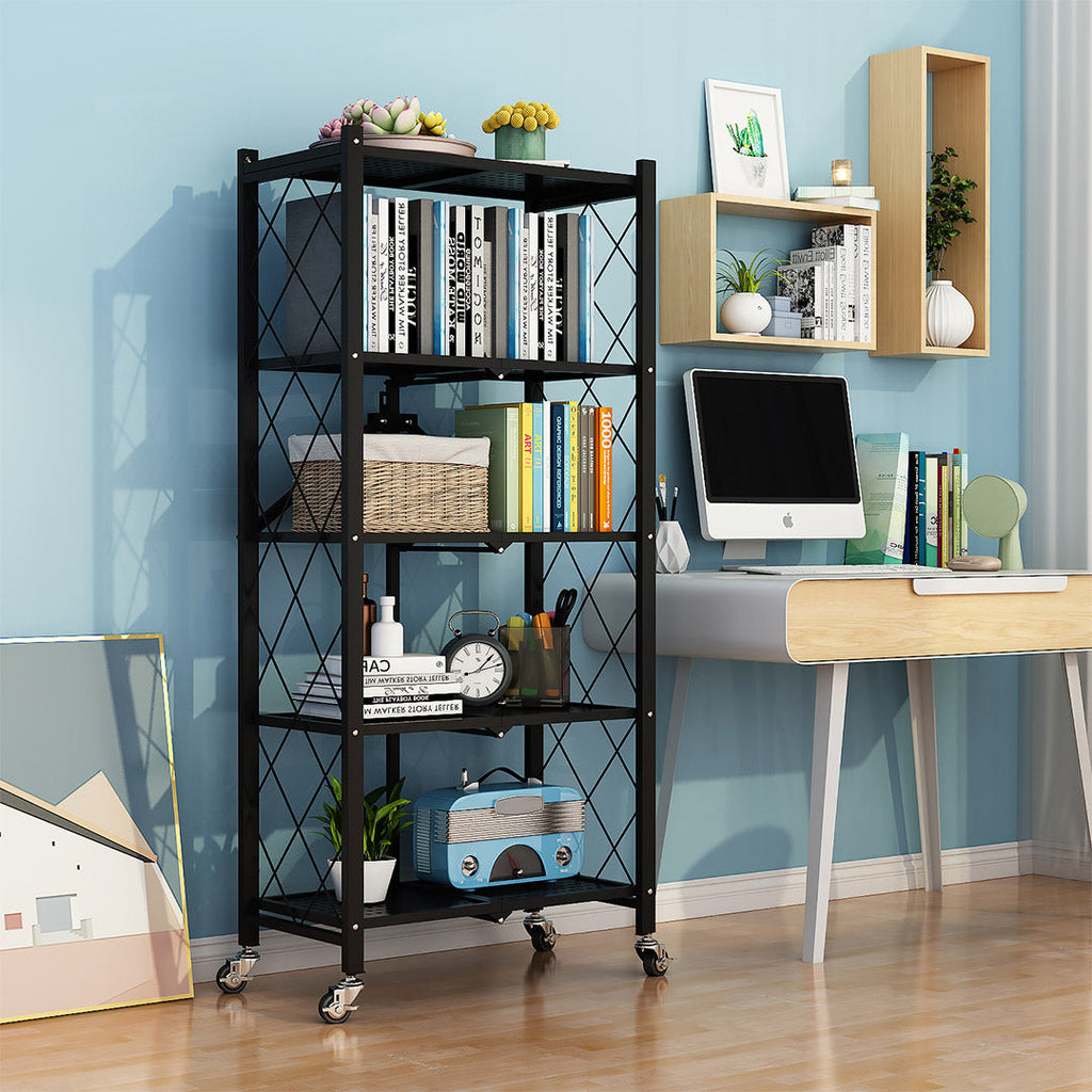 SOGA 5 Tier Steel Black Foldable Kitchen Cart Multi-Functional Shelves Storage Organizer with Wheels