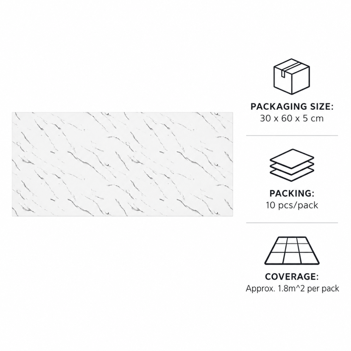SOGA Peel & Stick Floor and Wall Tiles 30 x 60cm 10 Pack White Faux Marble