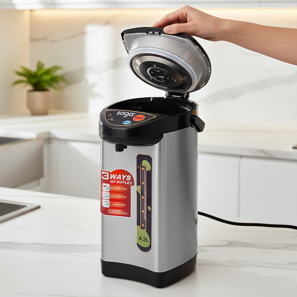 SOGA 4.2L Silver Stainless Steel Electric Thermal Pot Dispenser with 3 Dispensing Modes