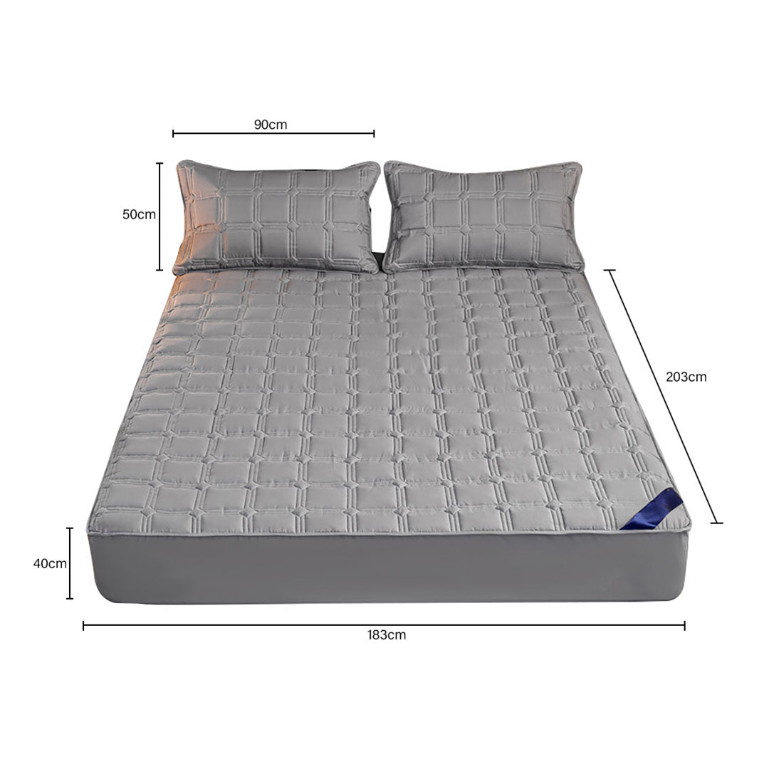 SOGA Grey 183cm Wide Mattress Cover Thick Quilted Stretchable Bed Spread Sheet Protector with Pillow Covers