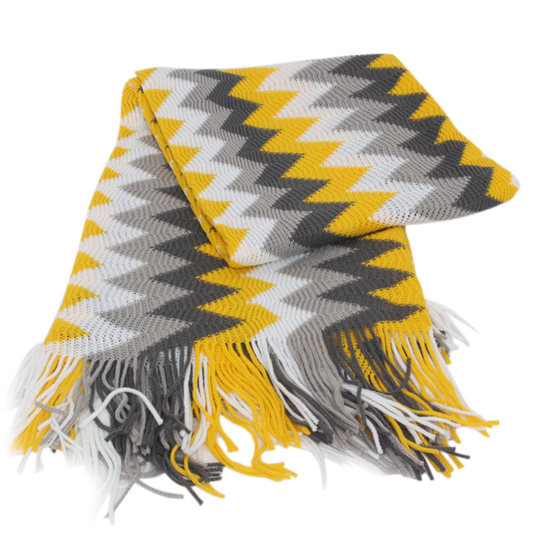 SOGA 170cm Yellow Zigzag Striped Throw Blanket Acrylic Wave Knitted Fringed Woven Cover Couch Bed Sofa Home Decor