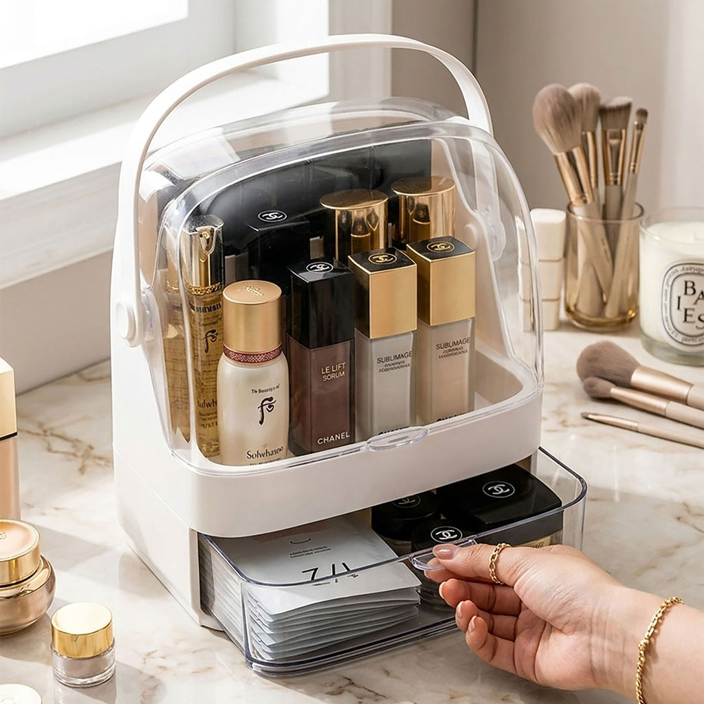 SOGA 2 Tier White Countertop Makeup Cosmetic Storage Organiser Skincare Holder Jewelry Storage Box with Handle