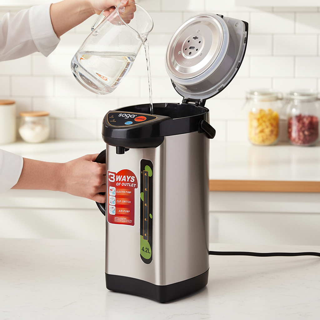 SOGA 4.2L Silver Stainless Steel Electric Thermal Pot Dispenser with 3 Dispensing Modes