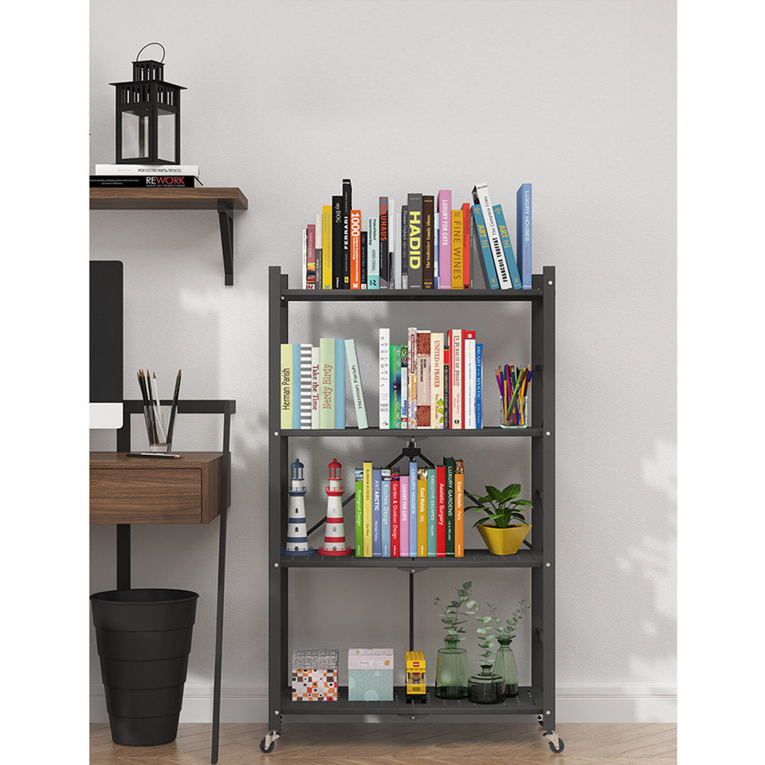 SOGA 4 Tier Steel Black Foldable Kitchen Cart Multi-Functional Shelves Storage Organizer with Wheels