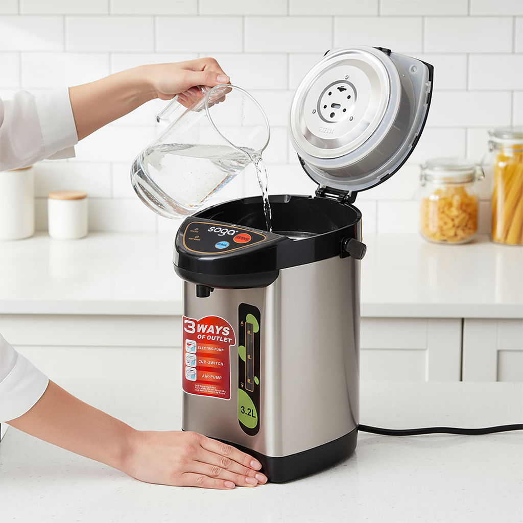 SOGA 3.2L Silver Stainless Steel Electric Thermal Pot Dispenser with 3 Dispensing Modes