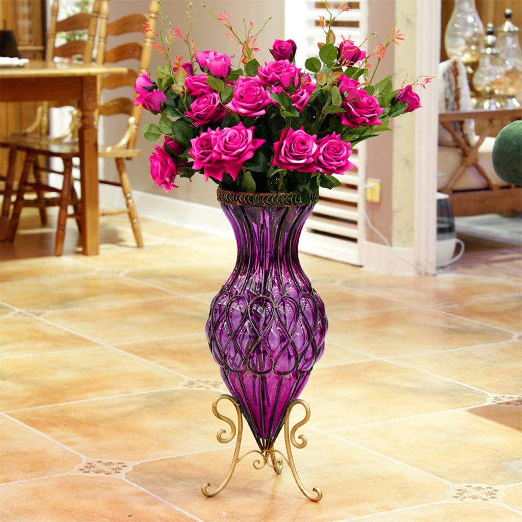 SOGA 67cm Purple Glass Tall Floor Vase and 12pcs Dark Pink Artificial Fake Flower Set