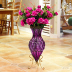 SOGA 67cm Purple Glass Tall Floor Vase and 12pcs Dark Pink Artificial Fake Flower Set