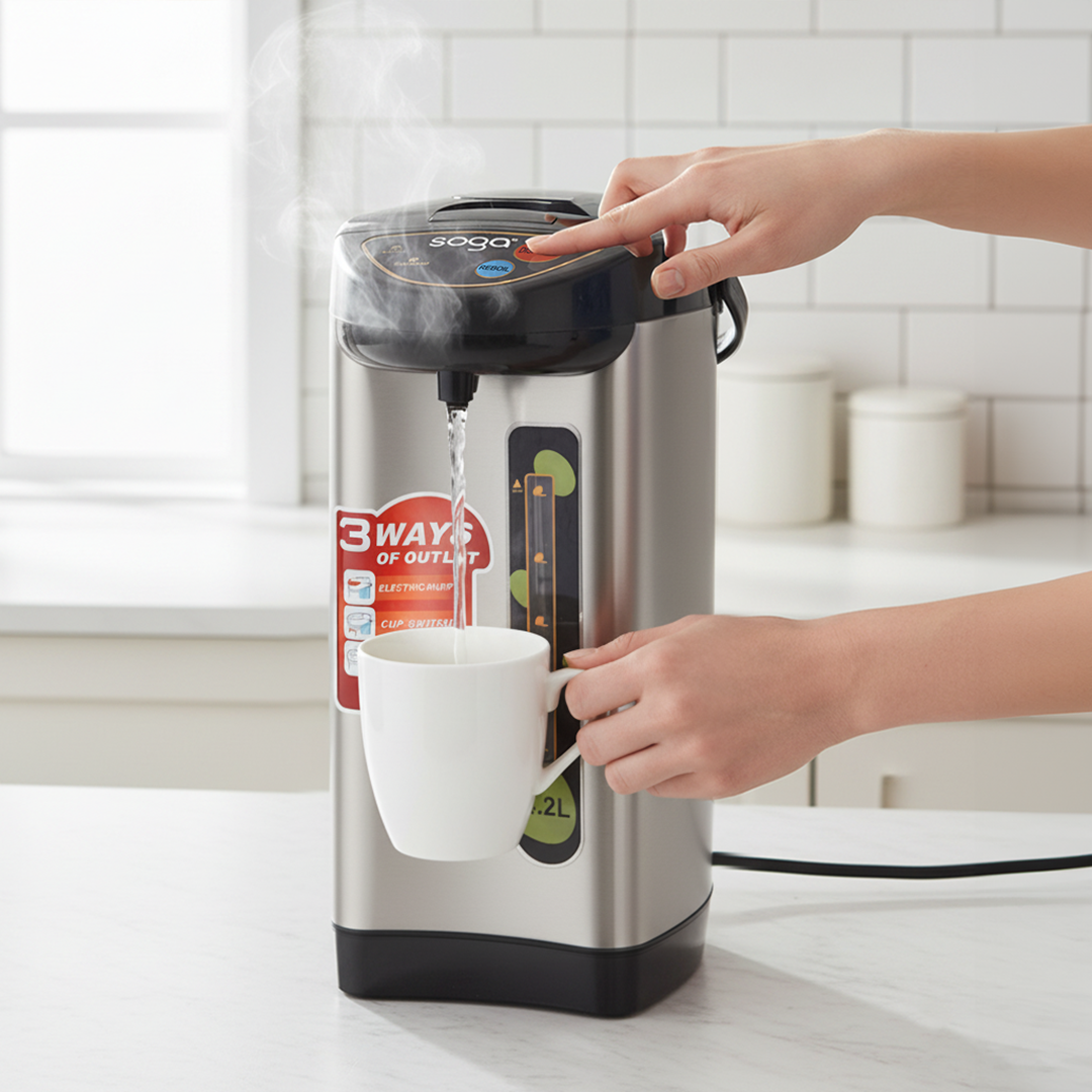 SOGA 4.2L Silver Stainless Steel Electric Thermal Pot Dispenser with 3 Dispensing Modes