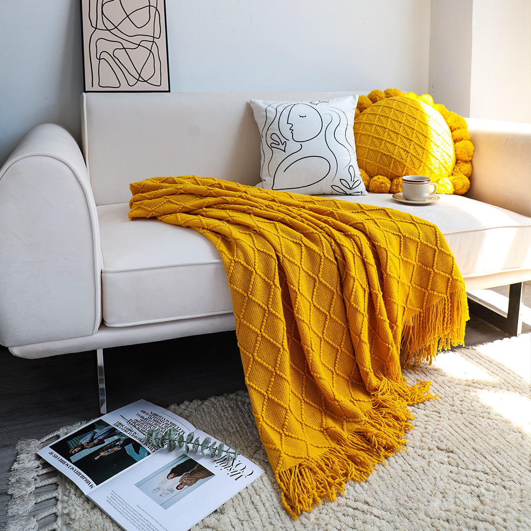SOGA Yellow Diamond Pattern Knitted Throw Blanket Warm Cozy Woven