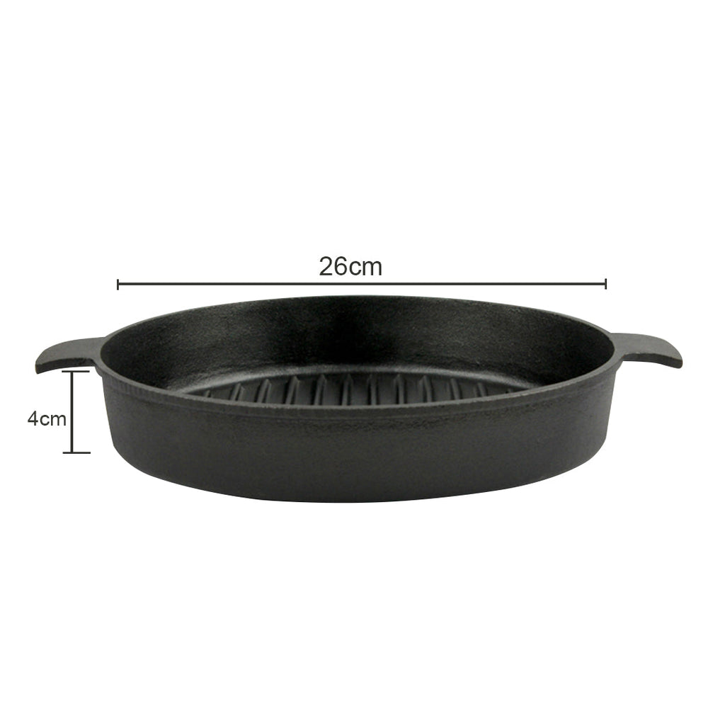 SOGA 2X 26cm Round Ribbed Cast Iron Frying Pan Skillet Steak Sizzle Platter with Handle
