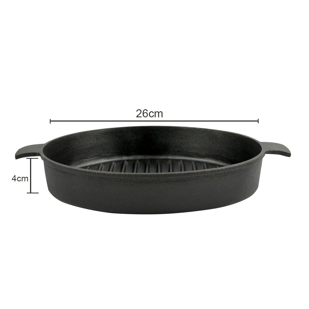 SOGA 2X 26cm Round Ribbed Cast Iron Frying Pan Skillet Steak Sizzle Platter with Handle