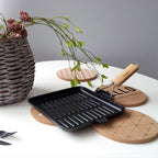 SOGA 2X 24cm Ribbed Cast Iron Square Steak Frying Grill Skillet Pan with Folding Wooden Handle