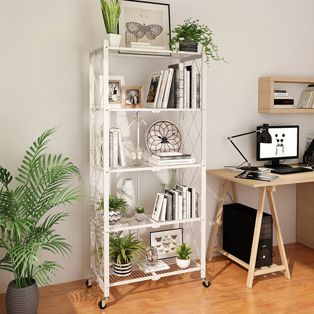 SOGA 2X 5 Tier Steel White Foldable Kitchen Cart Multi-Functional Shelves Storage Organizer with Wheels