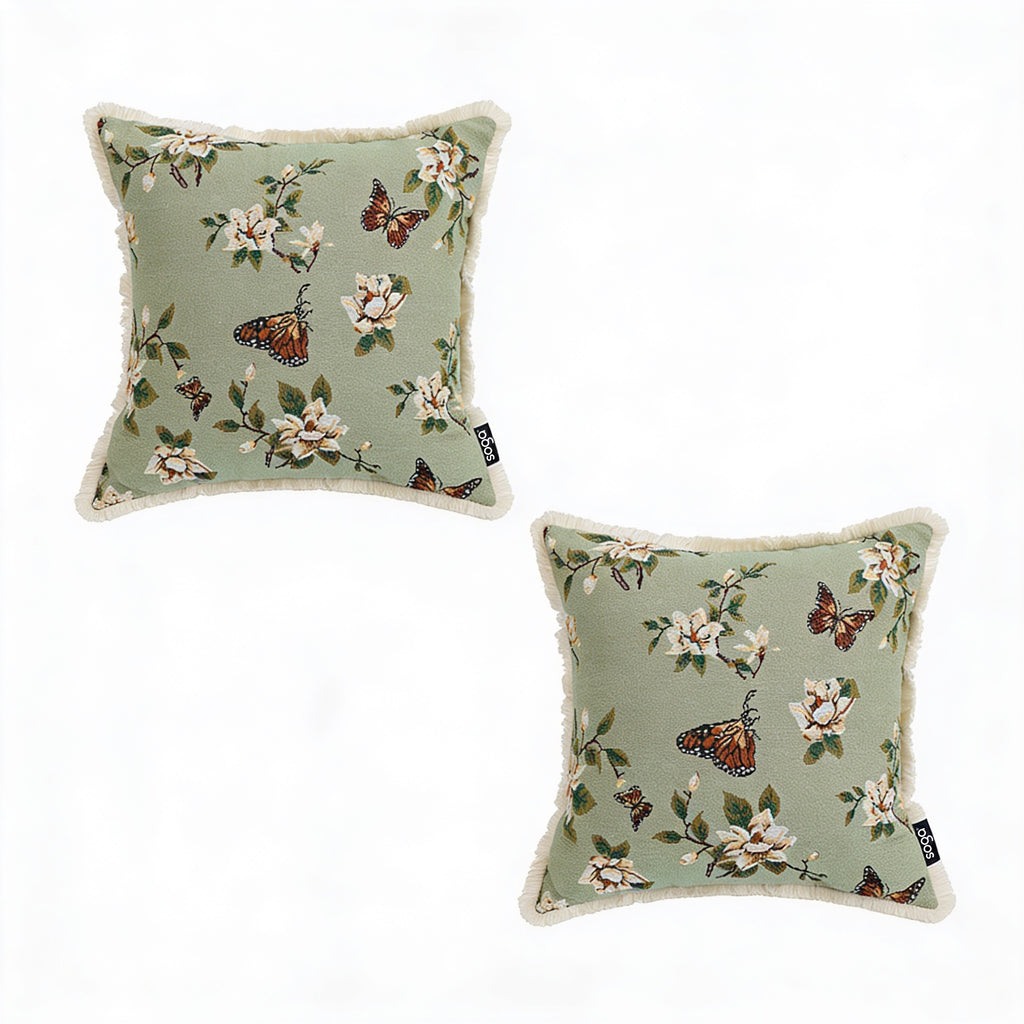 SOGA 2X 45cm Matcha Green French Vintage Butterfly Loves Flowers Tassel Throw pillow