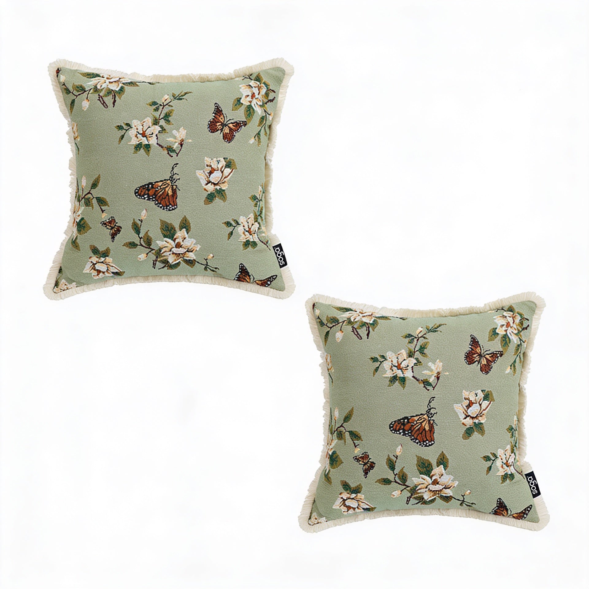 SOGA 2X 45cm Matcha Green French Vintage Butterfly Loves Flowers Tassel Throw pillow