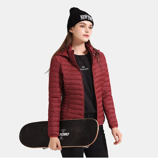 Anychic Womens Padded Puffer Jacket Small Burgandy Solid Lightweight Warm Outdoor Parka Clothing With Detachable Hood