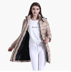 Anychic Womens Padded Puffer Jacket XXXL Beige Hooded Long Thick Puffer Jackets For Women Fashion Coats Casual Waterproof Outerwear