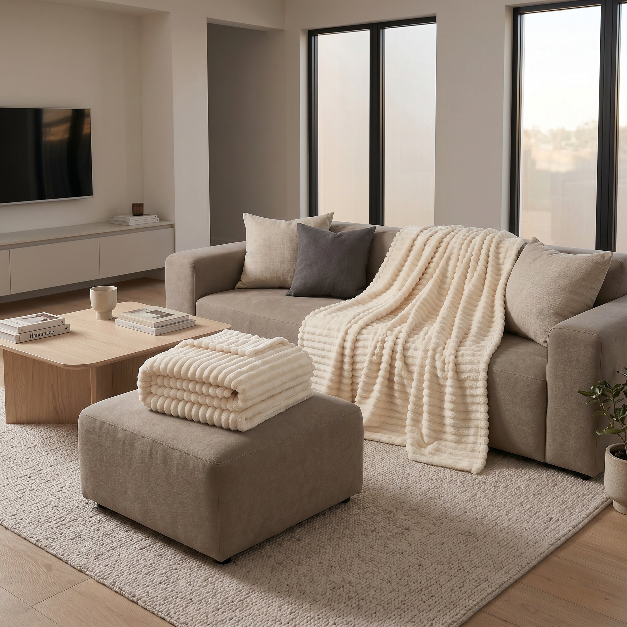 SOGA 2X 230x200cm Cream Flannel Polyester Throw Blanket