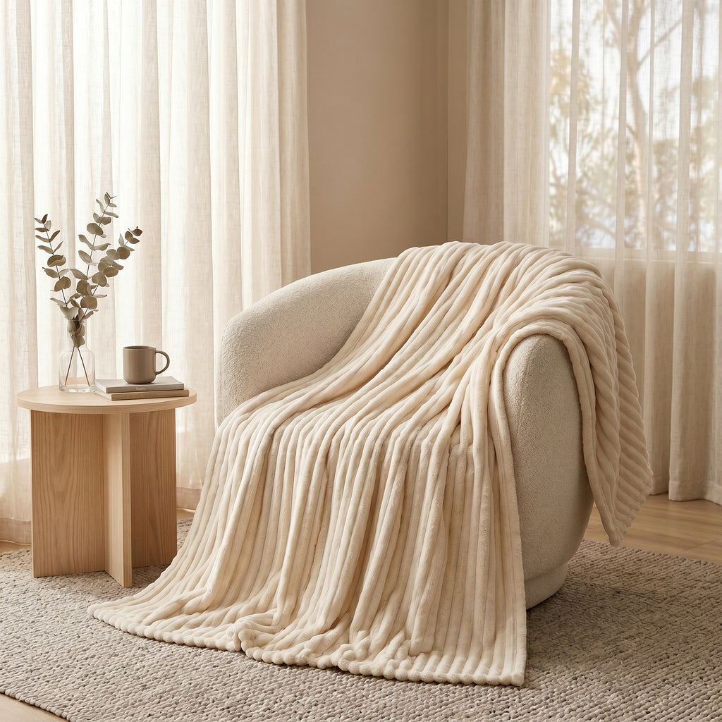 SOGA 230x200cm Cream Flannel Polyester Throw Blanket