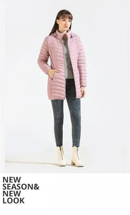Anychic Womens Padded Puffer Jacket Small Pink Ultralightweight Long Parka With Detachable Hood Outdoor Warm Clothes