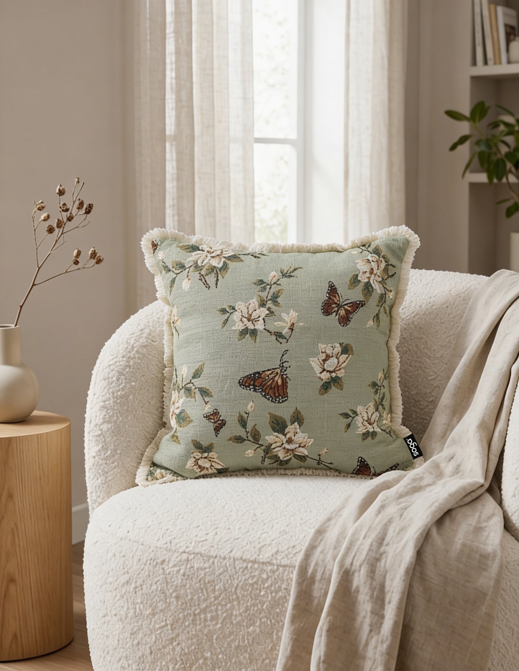 SOGA 2X 45cm Matcha Green French Vintage Butterfly Loves Flowers Tassel Throw pillow