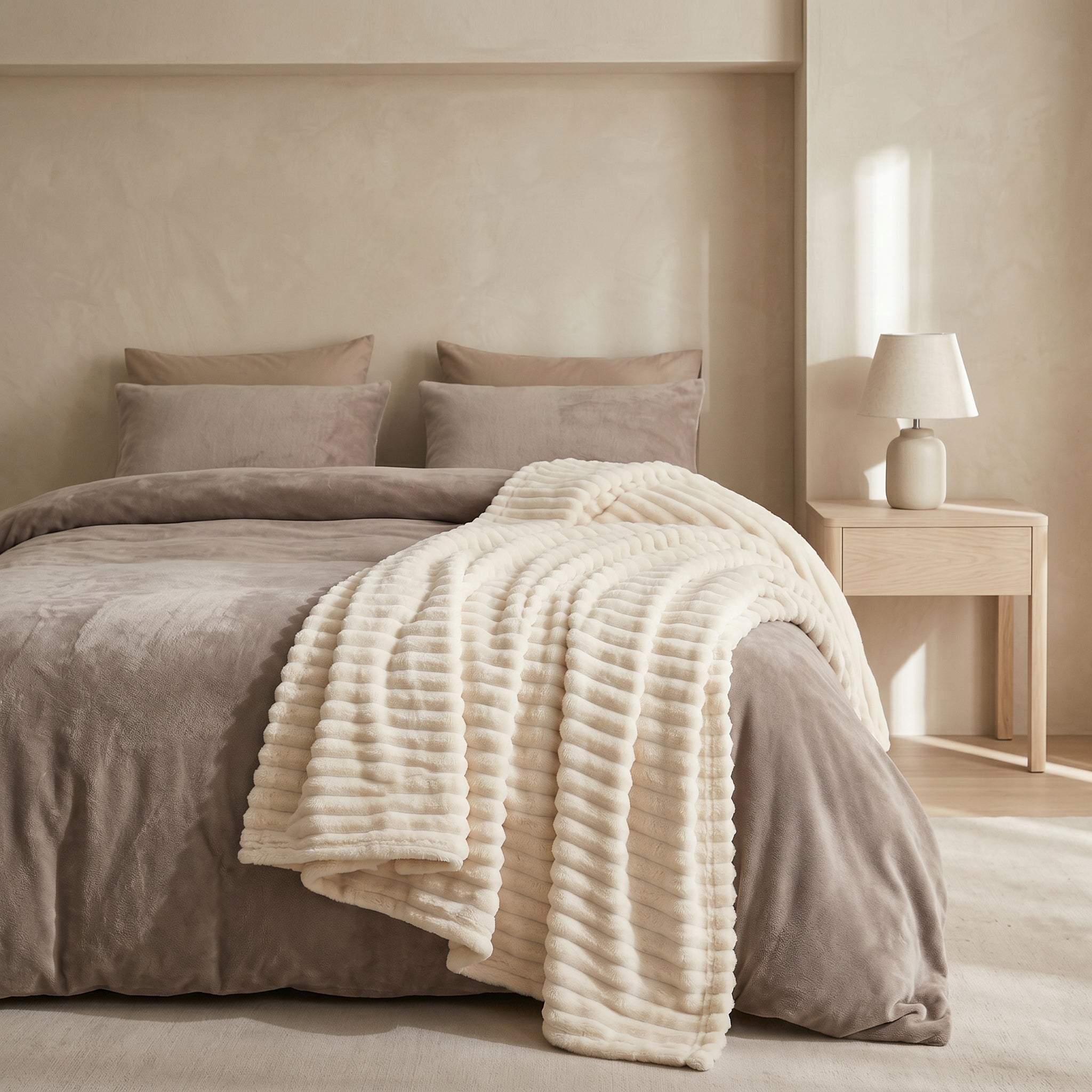 SOGA 230x200cm Cream Flannel Polyester Throw Blanket