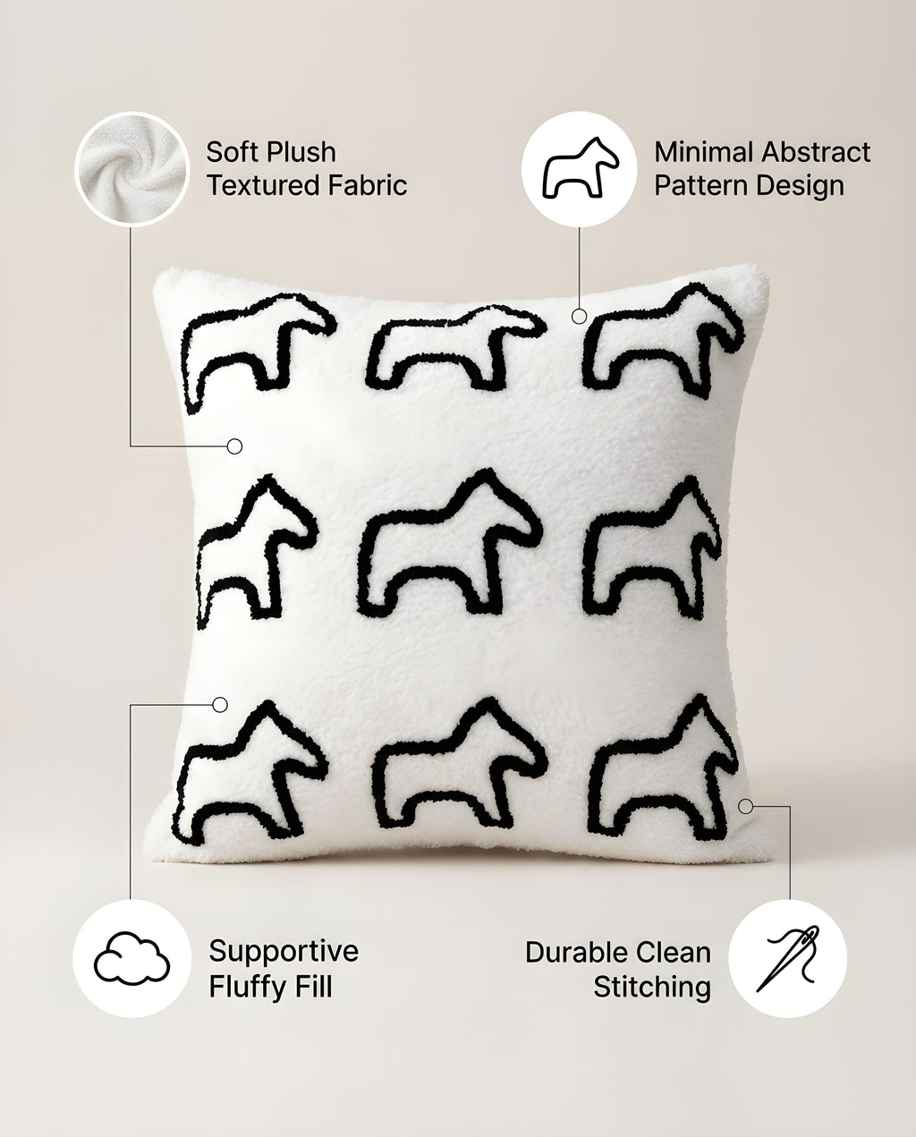 SOGA 45cm Throw Pillow White Teddy Fleece Square Pony Design Decorative Cushion for Living Room