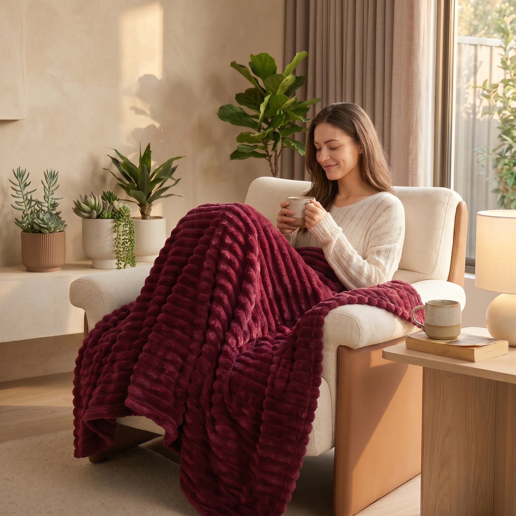 SOGA 2X 230x200cm Burgundy Flannel Polyester Throw Blanket