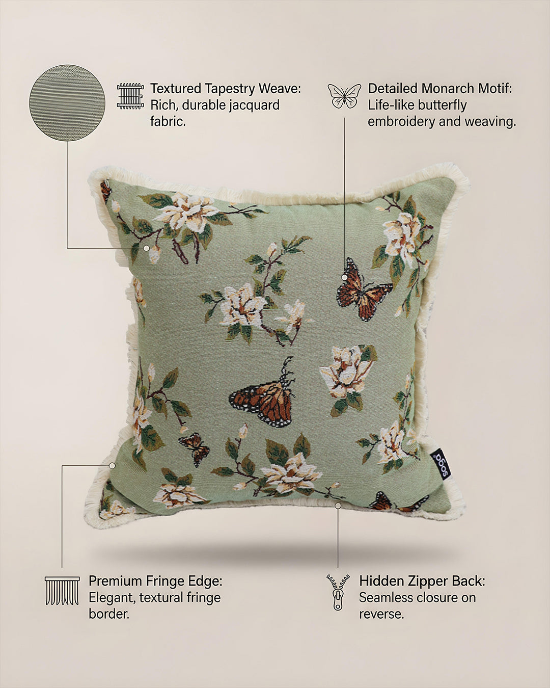 SOGA 2X 45cm Matcha Green French Vintage Butterfly Loves Flowers Tassel Throw pillow