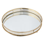 SOGA 32cm Gold Round Ornate Mirror Glass Metal Tray Vanity Makeup Perfume Jewelry Organiser with Handles