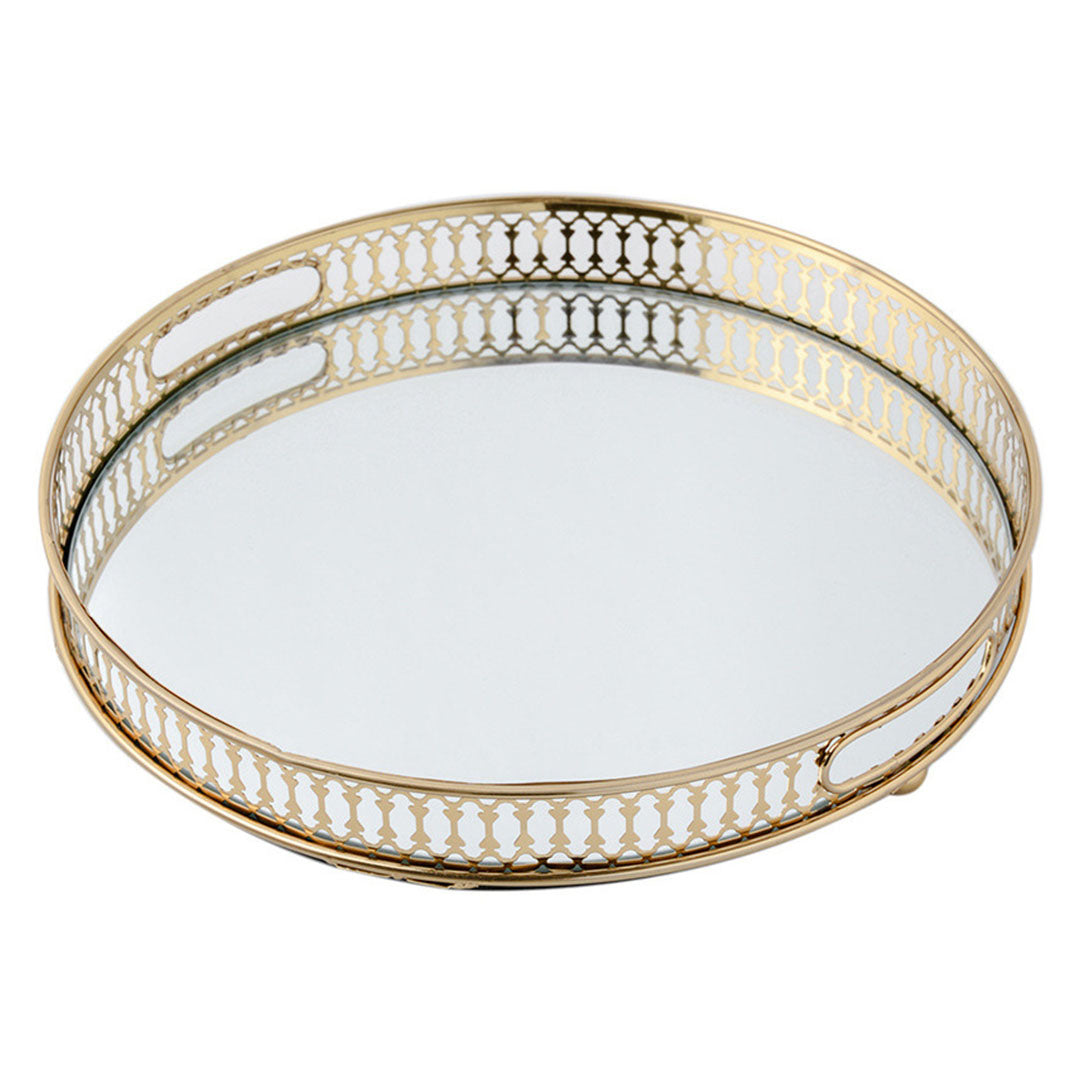 SOGA 32cm Gold Round Ornate Mirror Glass Metal Tray Vanity Makeup Perfume Jewelry Organiser with Handles