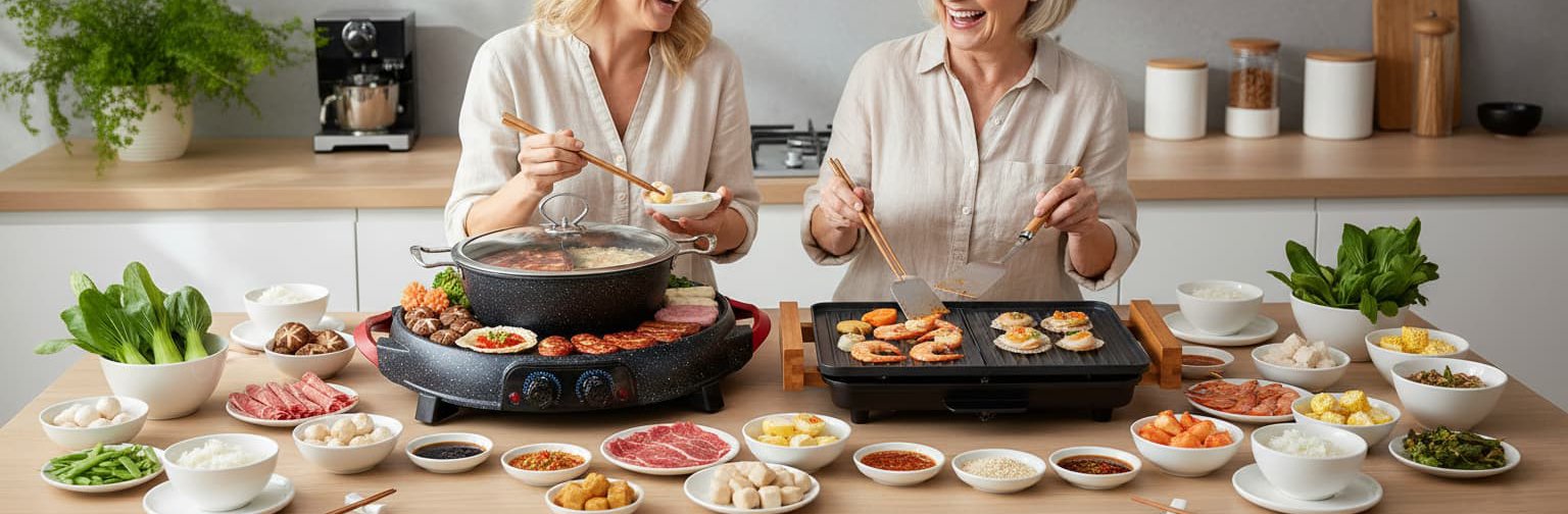 Two women cooking together in a kitchen with various food items and utensils.