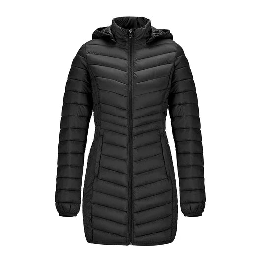Anychic Womens Padded Puffer Jacket XXLarge Black Ultralightweight Long Parka With Detachable Hood Outdoor Warm Clothes