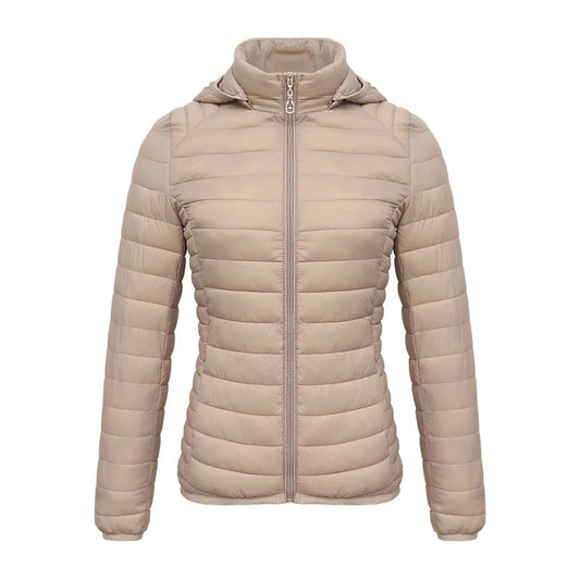 Anychic Womens Padded Puffer Jacket 5XL Beige Solid Lightweight Warm Outdoor Parka Clothing With Detachable Hood