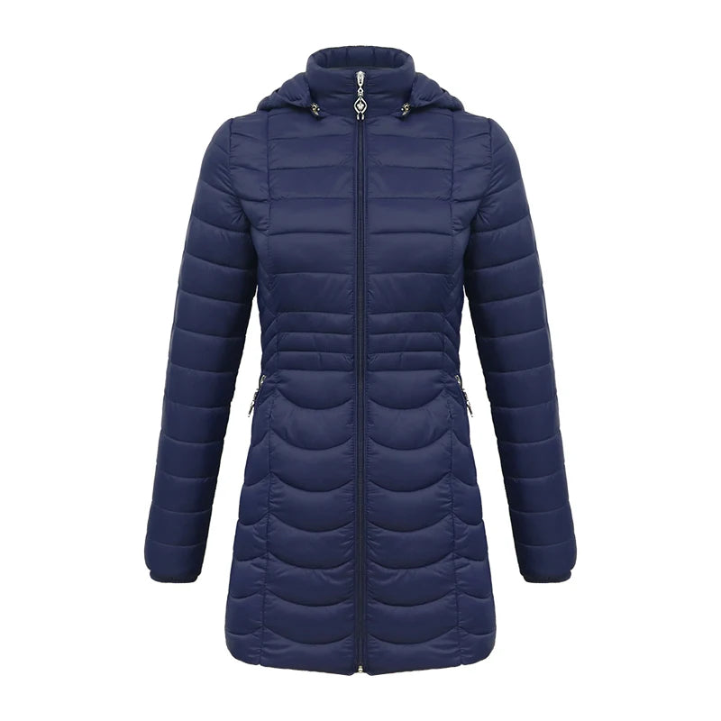 Anychic Womens Padded Puffer Jacket Medium Navy Blue Ultralight Coat With Detachable Hood Lightweight Outwear Clothing