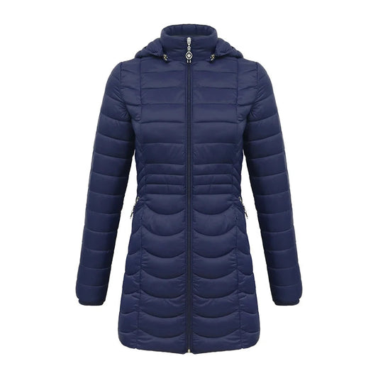 Anychic Womens Padded Puffer Jacket Medium Navy Blue Ultralight Coat With Detachable Hood Lightweight Outwear Clothing