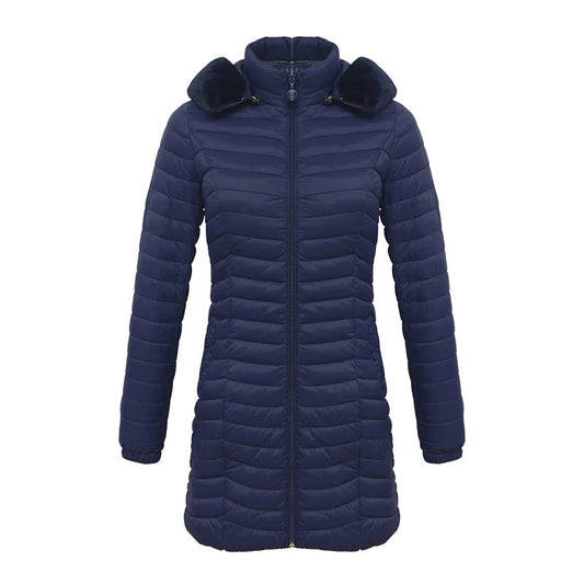 Anychic Womens Padded Puffer Jacket Medium Navy Blue Ultralight Casual Coats With Fur Hooded Warm Lightweight Outerwear