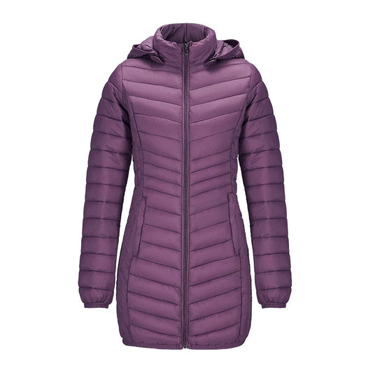 Anychic Womens Padded Puffer Jacket Medium Purple Ultralightweight Long Parka With Detachable Hood Outdoor Warm Clothes