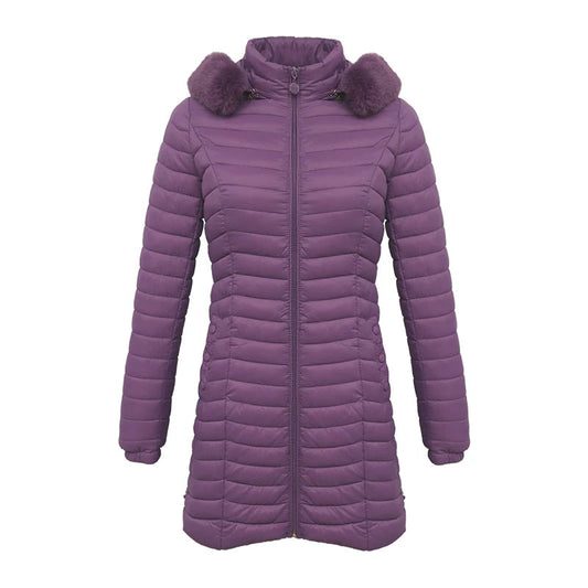 Anychic Womens Padded Puffer Jacket Medium Purple Ultralight Casual Coats With Fur Hooded Warm Lightweight Outerwear