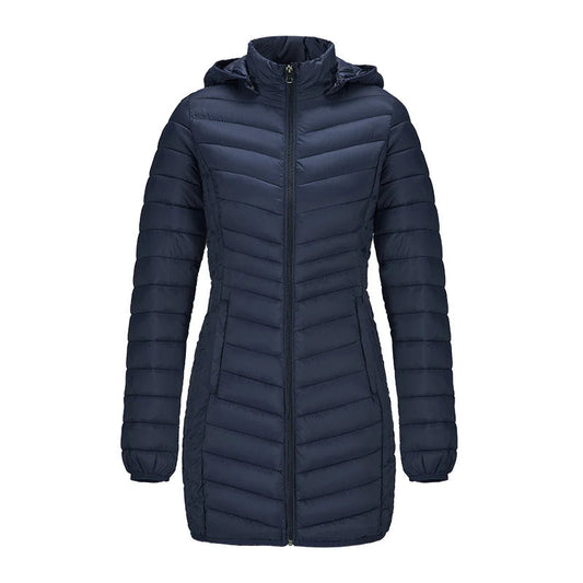 Anychic Womens Padded Puffer Jacket Large Navy Blue  Ultralightweight Long Parka With Detachable Hood Outdoor Warm Clothes